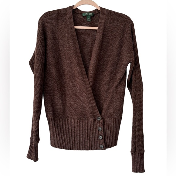 Lauren Ralph Lauren Crossover Brown Button Waist Cardigan Sweater Petite - Picture 1 of 6